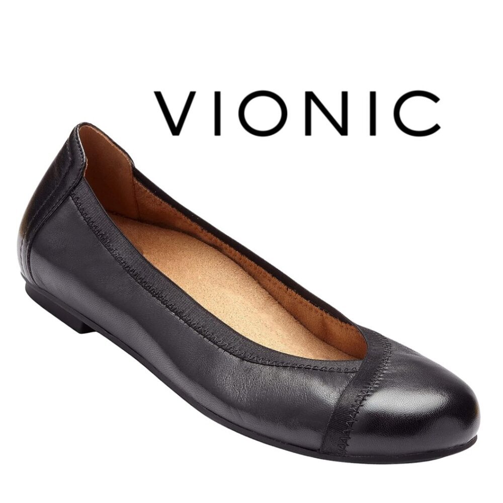 Vionic, Caroll, Leather Ballet Flats Shoes, Black